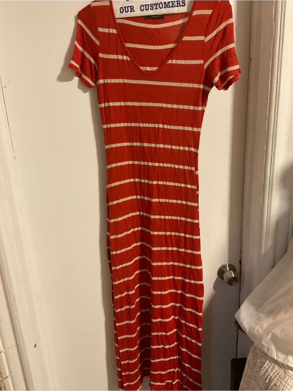 Soprano Red and White Striped Short-Sleeve Maxi Dress